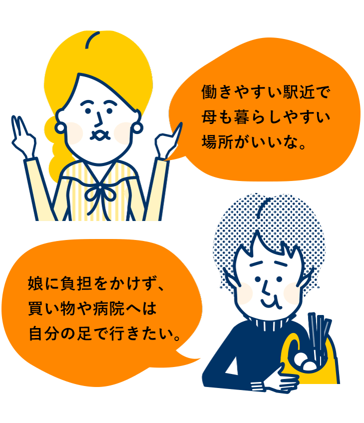 働きやすい駅近で母も暮らしやすい場所がいいな。娘に負担をかけず、買い物や病院へは自分の足で行きたい。