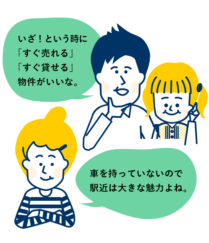 いざ！という時に「すぐ売れる」「すぐ貸せる」物件がいいな。車を持っていないので駅近は大きな魅力よね。